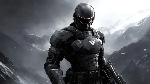 Armored cyber soldier stands vigilant in frozen highlands.