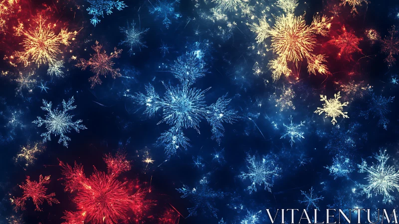 Snowflakes burst like cosmic fireworks across midnight blue