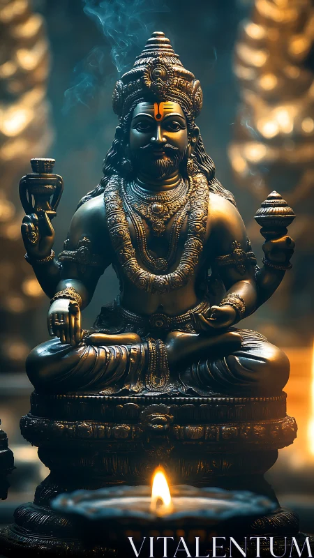 Bronze Hindu deity statue with prayer lamp in focus.