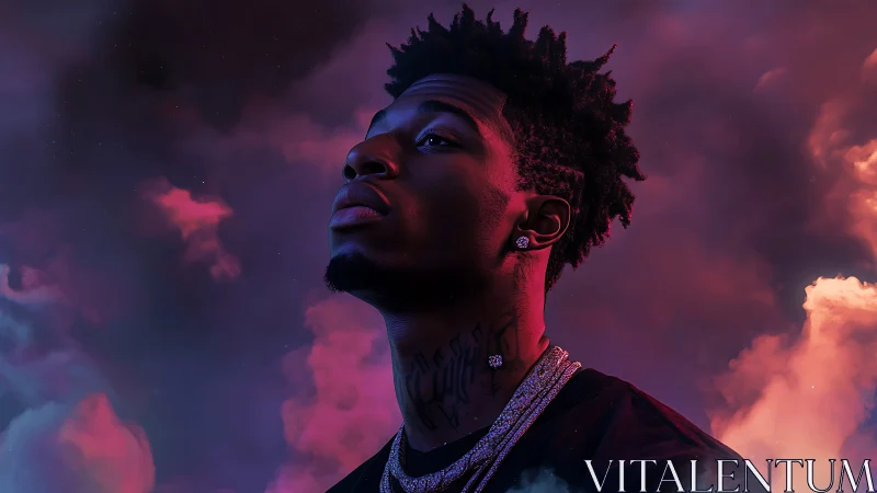 Dreamy neon sky portrait of a reflective young artist.