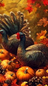 Twin autumn turkeys parade proudly through a pumpkin sea
