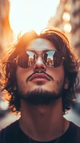 Photorealistic street portrait with reflective lens flare focus.