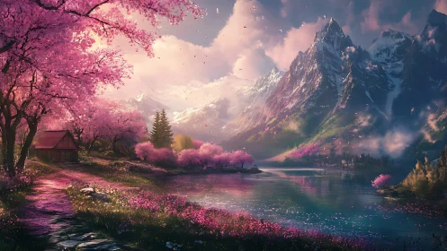 High-detail alpine lake with cherry blossoms and volumetric light