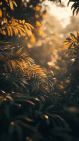Golden evening light washes over lush tropical foliage.