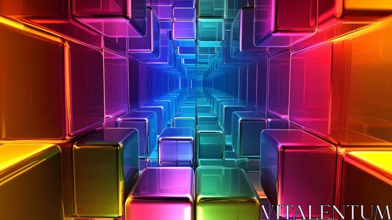 Vibrant 3D Glass Cubes in Futuristic Tunnel Digital Art.