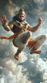 Sky-striding monkey warrior pauses mid-leap among clouds