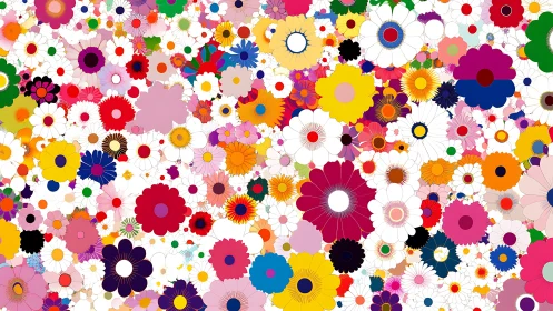 Dense digital field of multicolored stylized flower shapes.