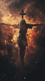 Backlit crucifix silhouette against explosive ember cloud rendering
