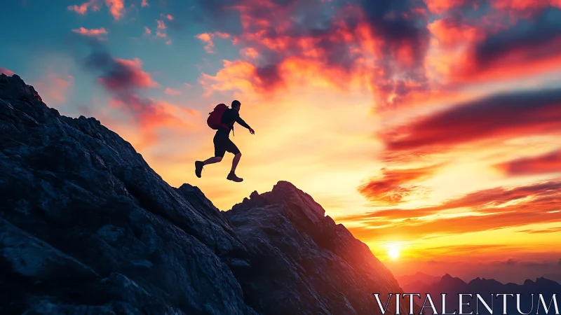 Dynamic silhouetted climber on steep ridge at spectral sunset.
