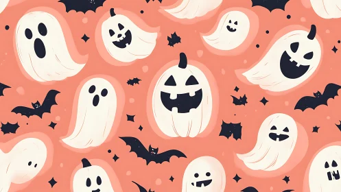 Cute Halloween ghosts and pumpkins on coral background pattern.