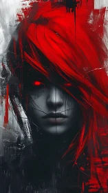 Red‑haired cyberpunk specter stares through fractured darkness