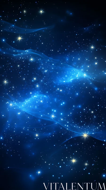 Stellar nebula waves over deep blue starfield night sky.