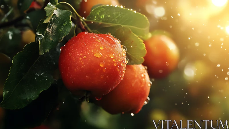 Macro close-up of dew-covered ripe apples in warm backlight