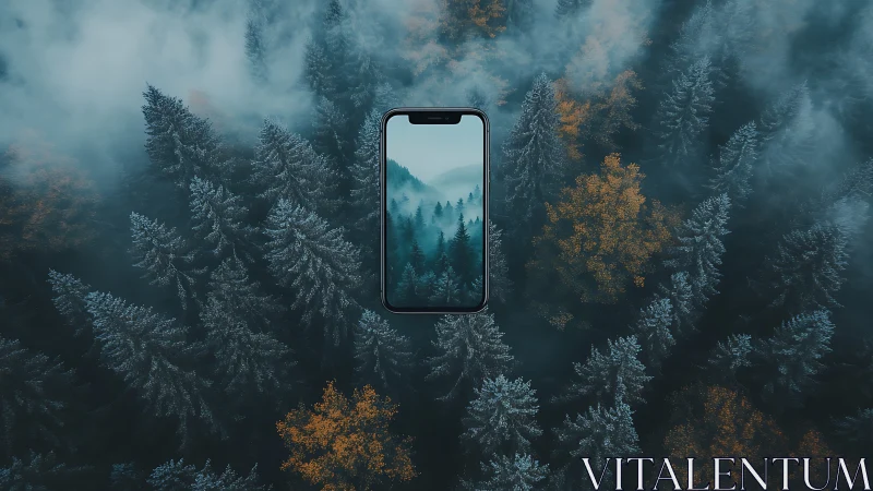 Smartphone Displaying Forested Mountain Landscape in Aerial Composition.