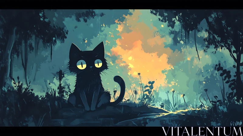 Black cat sitting in luminous natural environment with glowing sky