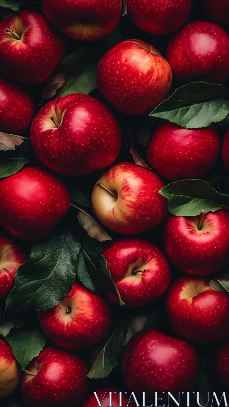Red apples with green leaves in dense overhead arrangement.