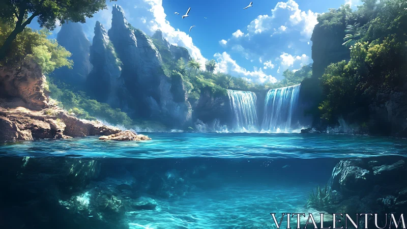 Tropical twin waterfalls cascade into a clear, bifurcated lagoon