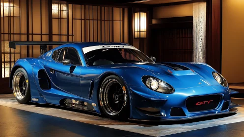 Aerodynamic GT race coupe in illuminated tatami garage.