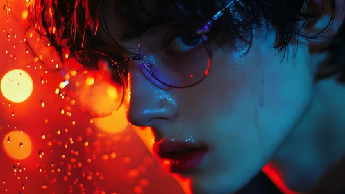 Neon lit portrait captures moody reflection in rainy glass