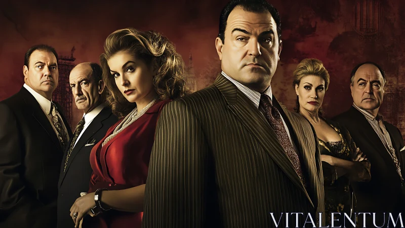 Gangster family ensemble under moody red backdrop.