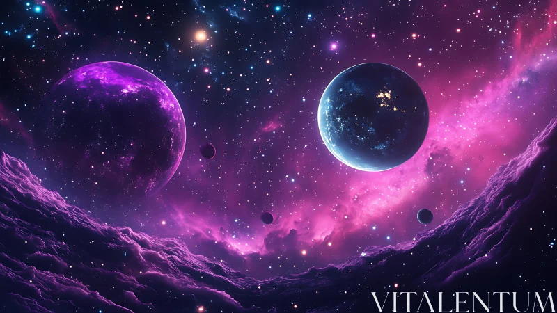 Cosmic nebula glows around distant planets in violet space.