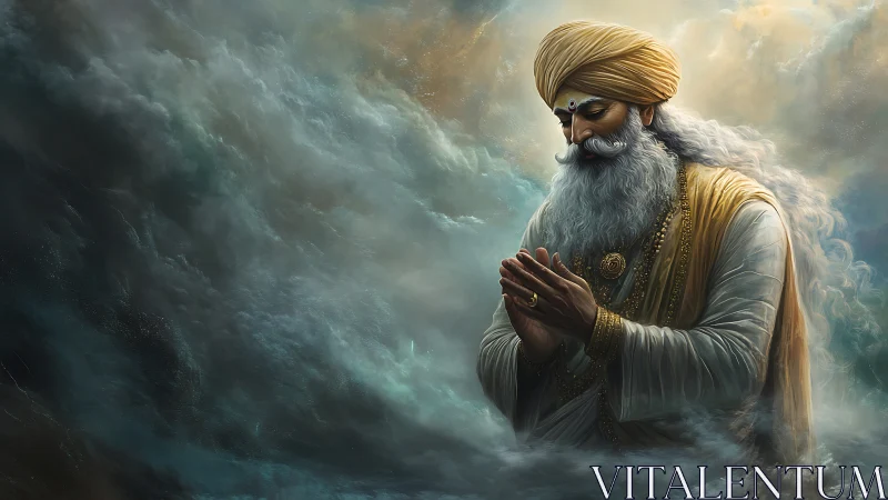 Gentle elder in golden robes bows quietly within soft clouds