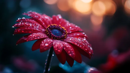 Red gerbera daisy covered with water droplets in soft focus light.