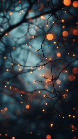 Tree branches with orange bokeh lights scattered in darkness