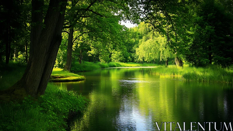 Tranquil River Bend in Lush Green Forest, Nature Photography.