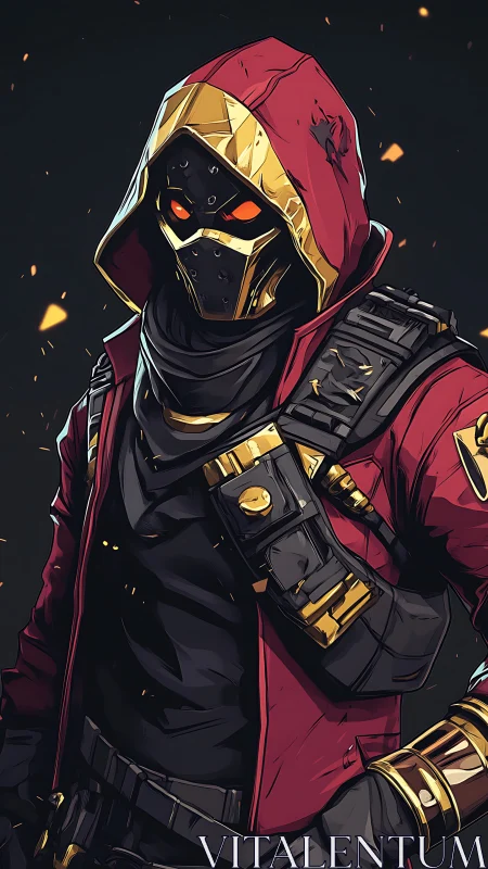 Hooded cybernetic rogue with gold-trimmed mask and armor plating