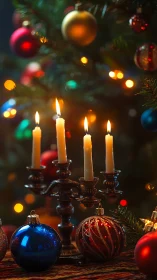 Candlelit bauble chorus under whispering Christmas bokeh.