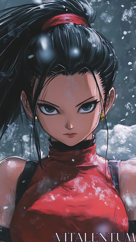 Snowlit warrior gaze in crimson storm-silk resolve.