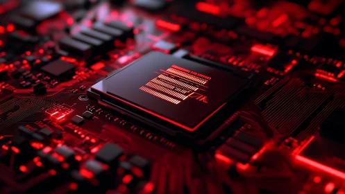 Red illuminated microchip sits on detailed electronic circuit