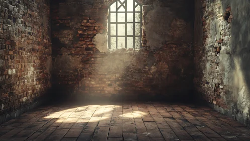 Sunlit window warms abandoned brick loft interior softly.