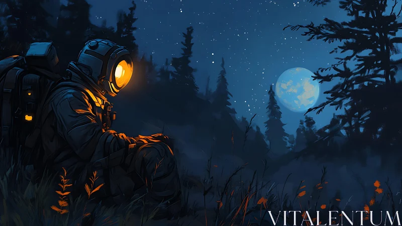 Lone astronaut rests under deep blue forest moonlight.
