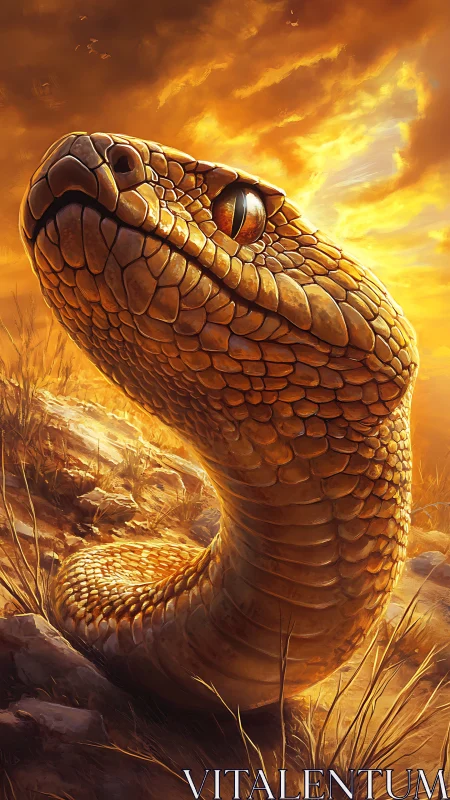 Golden desert viper rises under blazing storm sky.