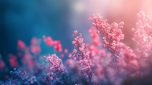 Pink Floral Stems Bloom Against Blue Gradient Background