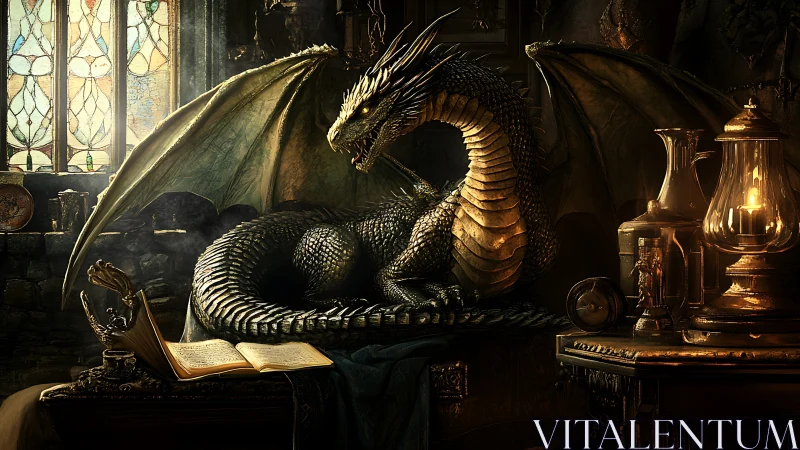 Coiled dragon studies arcane texts in warm, low-key candlelight