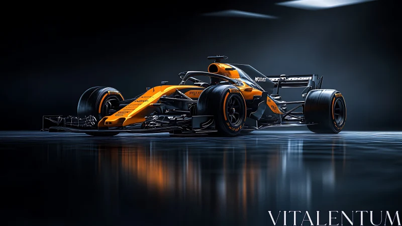 3D studio render of orange-black Formula race car profile.