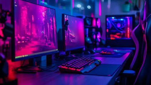 Neon gaming desk glow with dual monitors and cozy vibes.