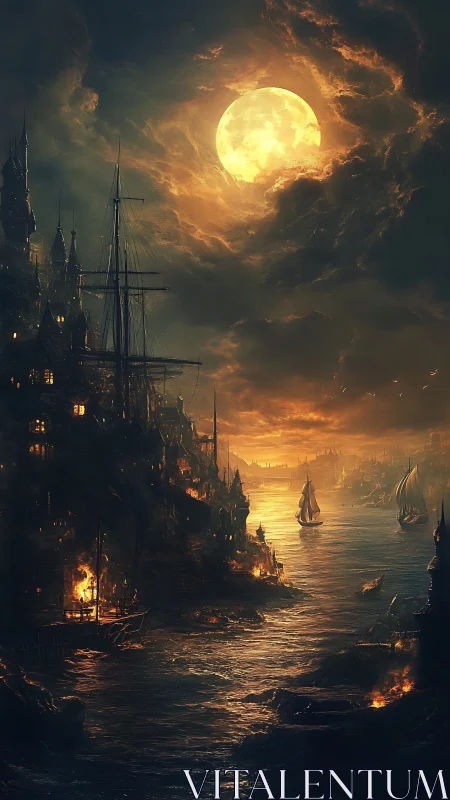 Moonlit harbor city burns under stormy golden sky