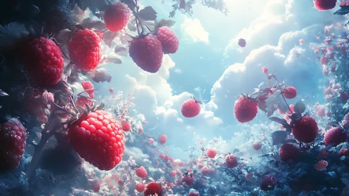 Ripe raspberries suspended in a luminous dreamlike sky.