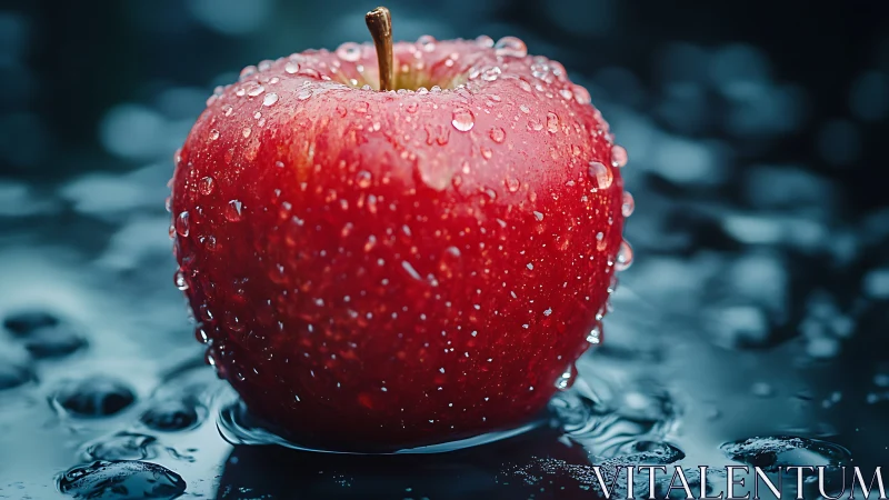 Red apple with water droplets on reflective dark surface.