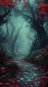 Crimson Forest Path Through Misty Woodland Landscape.