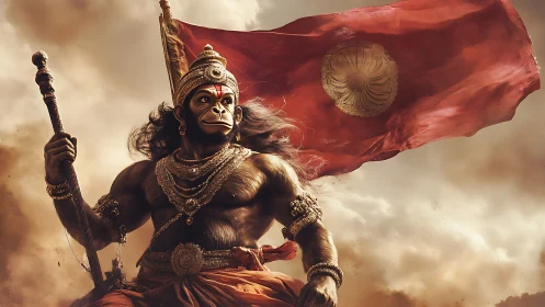 Powerful warrior monkey deity before large red flag.