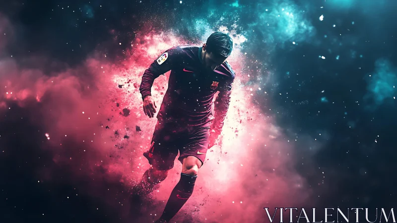 Dynamic footballer isolated in neon vapor explosion effect