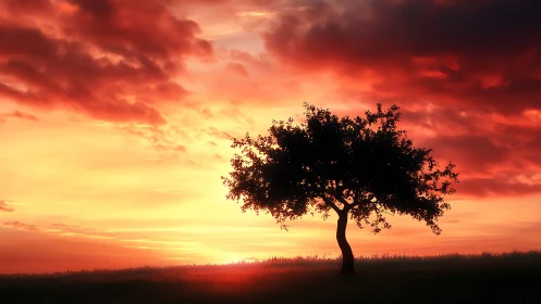 Lone tree silhouette under vivid red sunset sky.
