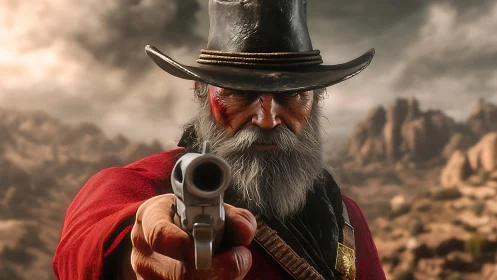 Hyperreal frontier gunslinger in shallow-depth focus standoff.
