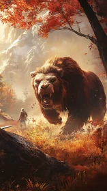 Roaring mountain behemoth stalking a lone autumn warrior.