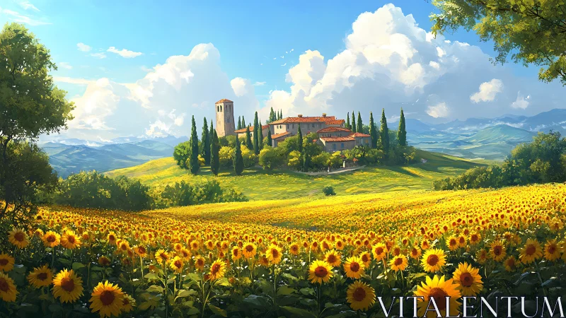 Sunlit hilltop farmhouse wrapped in endless sunflower gold.